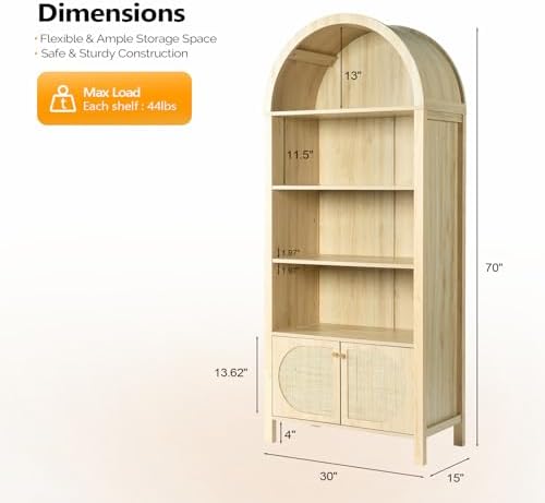 VINGLI 70" Arched Display Cabinet with 5 Shelves, Rattan Storage Cabinet...