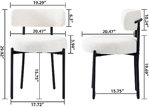 White Dining Chairs Set of 4 Round Upholstered Boucle Dining Room Chairs Mid-...