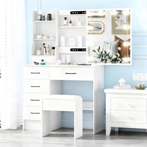 Vanity Desk with Mirror and Lights, 6 Drawers 6 Shelves 1 Stool & Sildeab...