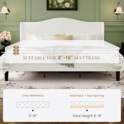 HA CERLIN King Size Bed Frame with Curved Wingback Headboard,Soft White