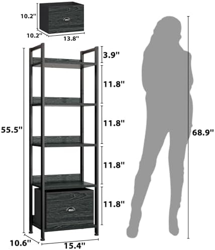 Furologee 5 Tier Bookshelf with Drawer, Tall Narrow Bookcase, Black Oak