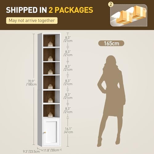 RALGEND 7-Tier Tall Narrow Bookshelf with Door Set of 2, 70.9 Inches CD DVD S...