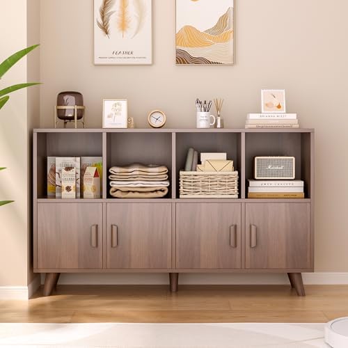 OSCHF 8-Cube Bookcase with Doors, 2-Tier Low Storage Cabient, Walnut