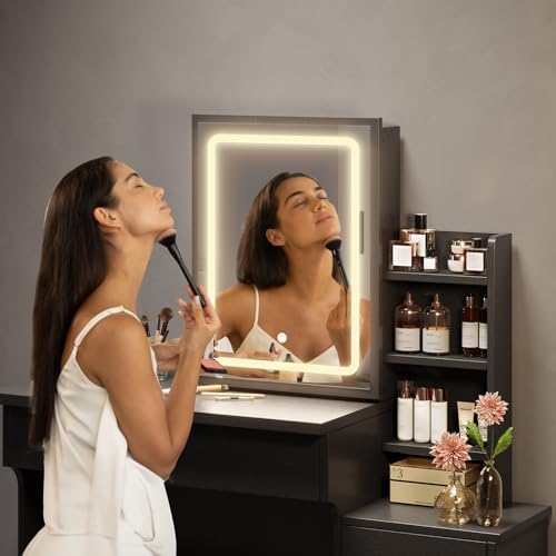Black Vanity Desk with Sliding Mirror and Lights, Makeup Desk with Chair