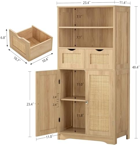 Iwell Tall Storage Cabinet, Rattan Cabinet with 2 Drawers & Adjustable Sh...