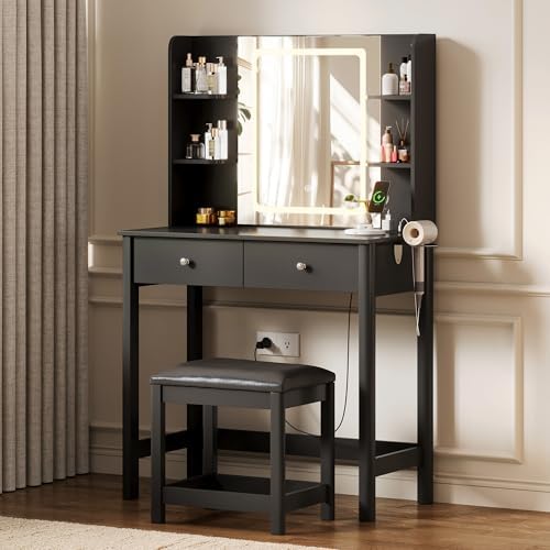 Vanity Desk with LED Mirror, 3 Lighting Modes and Chair