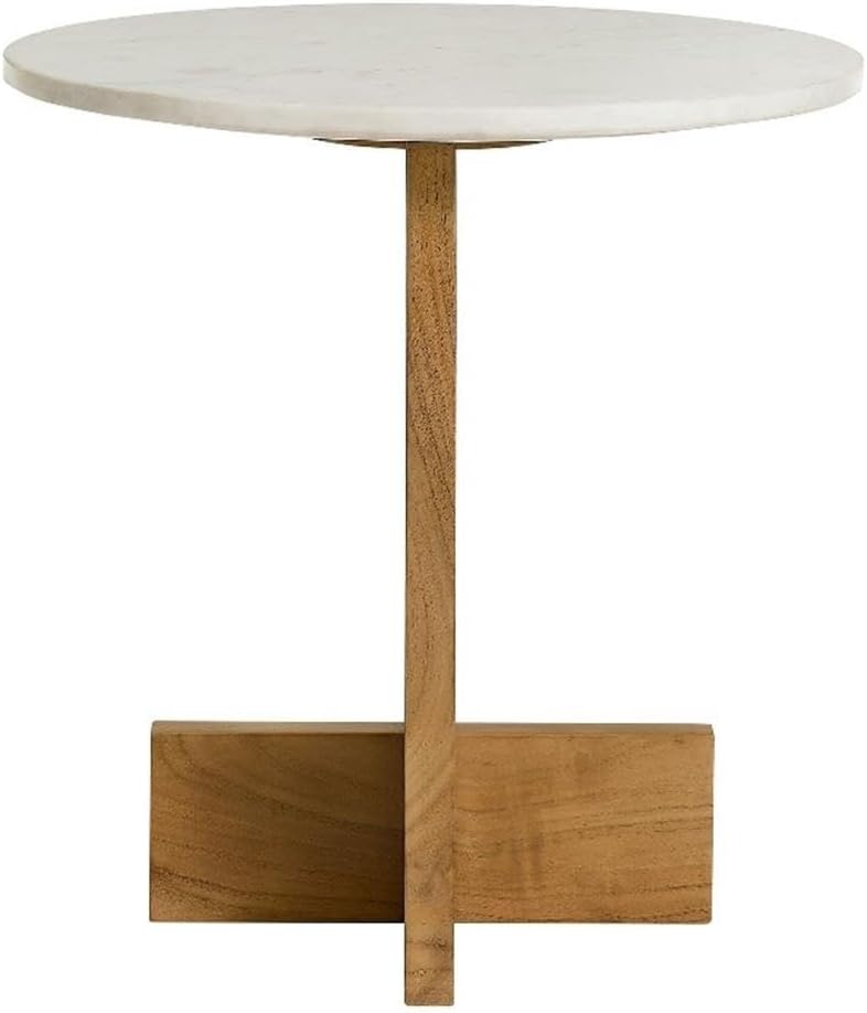 Modway Tarin Marble Top Side Table in Natural - Round Acacia Wood Living Room...