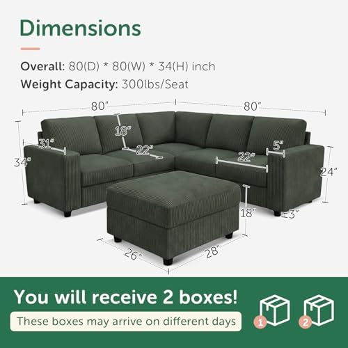 HONBAY Corduroy Sectional Sofa with Storage Ottoman, 6 Seaters L Shaped Small...