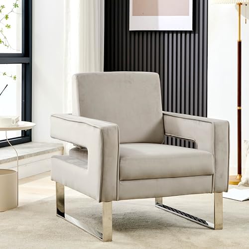 Velvet Accent Chair, Modern Armchair with Silver Base, Grey