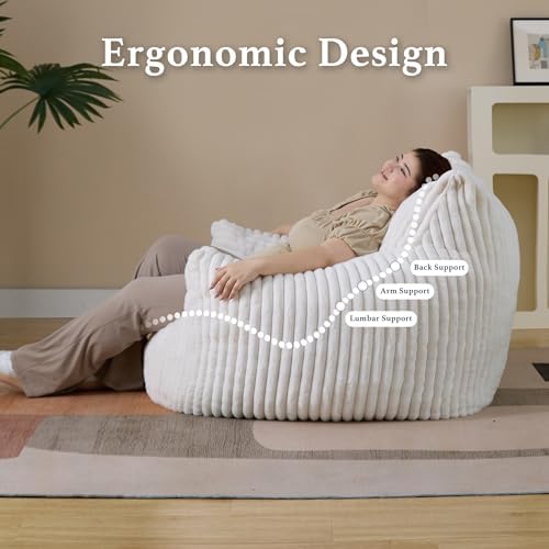 Giant Plush Bean Bag Chair for Adults with Armrests - Oversized Comfy Beige B...