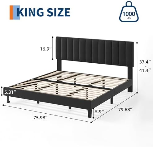 GarveeHome King Size Velvet Upholstered Platform Bed Frame, Black