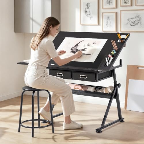 Yaheetech Adjustable Drafting Table Art Desk,Storage Drawers & Stool,Black