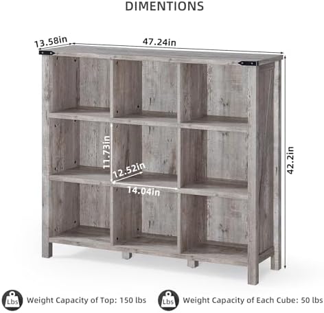 Joaxswe 9 Cube Bookcase, Farmhouse 47 Inch Wide Grey Oak Bookshelf, Wooden 3 ...