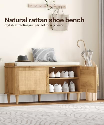 Akxomel 39.4" Rattan Shoe Storage Bench 2 Doors Wooden Entryway Bench Oa...