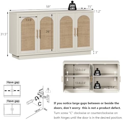 HOKYHOKY 59" Rattan Sideboard Buffet Cabinet with Storage, 4 Arched Doors