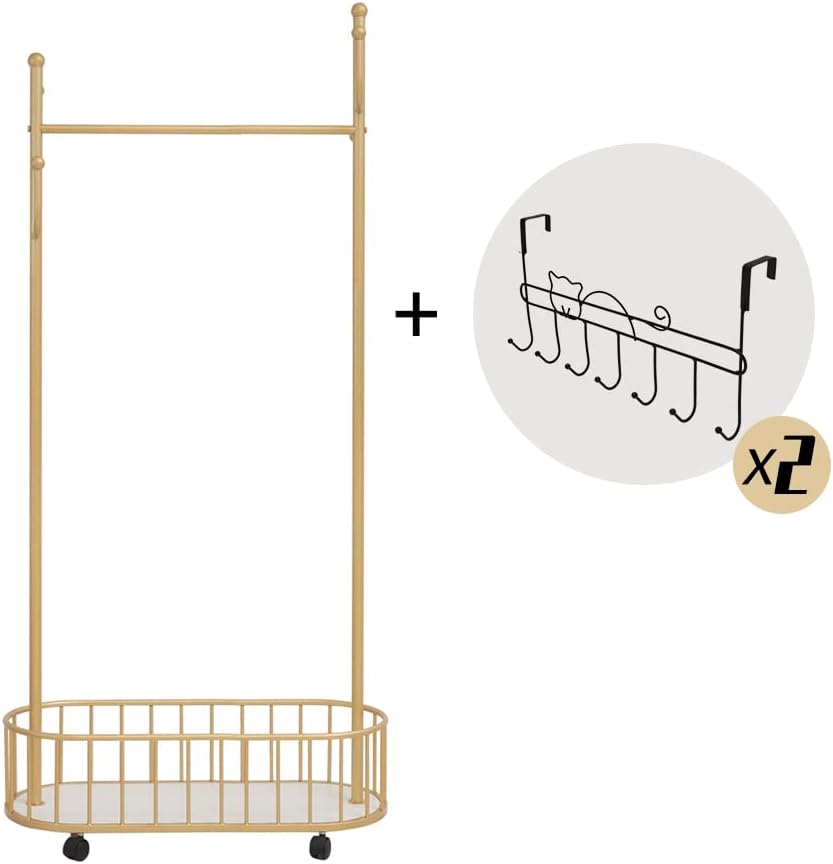 Gold Clothing Rack with Wheels Rolling Clothes Rack with Storage Basket Metal...