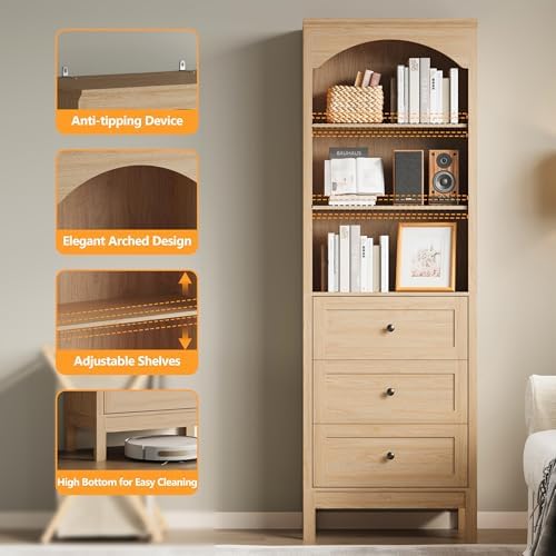 Arched Bookshelf,3 Tier Tall Bookcase with Adjustable Shelves and Drawers