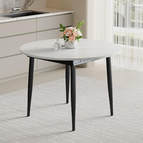 42"-54" Round to Oval Extendable Dining Room Table, White Faux Marb...