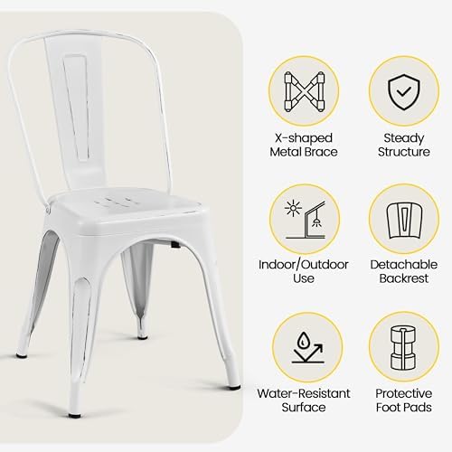 Yaheetech Metal Chairs Set of 4, Stackable Dining Chairs with Backs, White