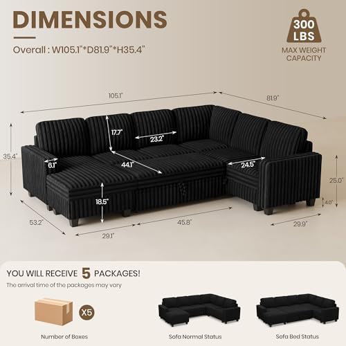 Belffin Corduroy Sleeper Sofa Bed with Storage Chaise Modular Sectional Sofa ...