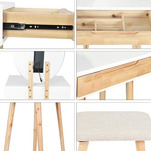 YOURLITE Makeup Vanity Table Set with 3 Modes Adjustable Lighted Mirror Cushi...