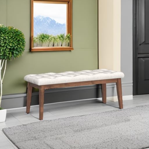 HUIMO Upholstered Bench, Button Tufted Dining Bench (Beige) | with Solid Wood...