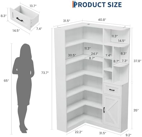 Garvee 74'' Tall Corner Bookshelf- 6-Tier Book Shelf with Drawer &...