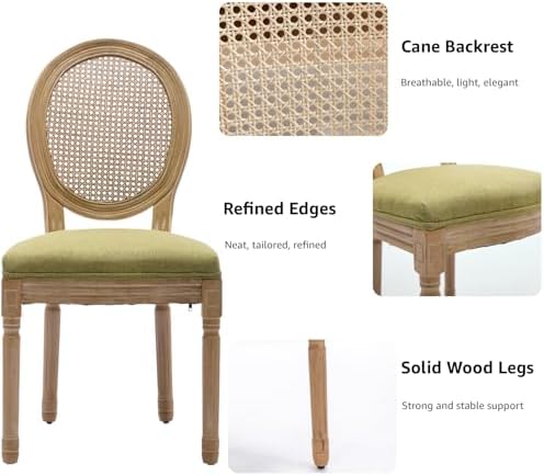 French Country Dining Chairs Set of 6, Olive Cane Back Rattan Dining Chairs w...