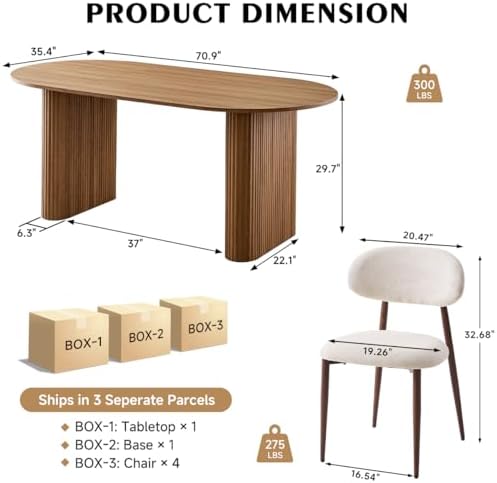 Brown Dining Table Set for 4 with Beige Chairs with Metal Legs | [Rounded Edg...
