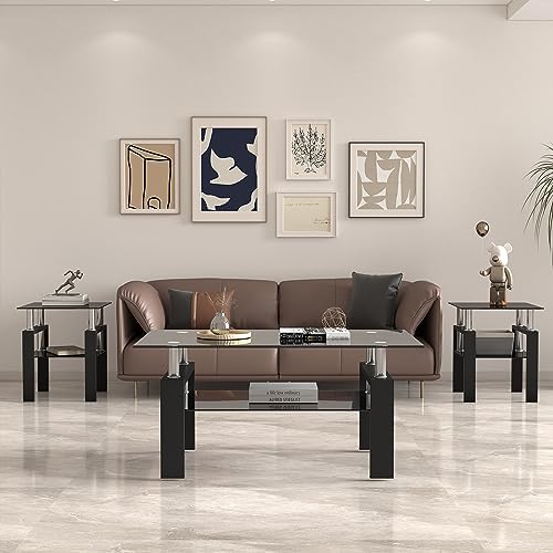 ODUSE-DAILY All Black Glass Coffee Table Set of 3 Piece, Living Room Table Se...