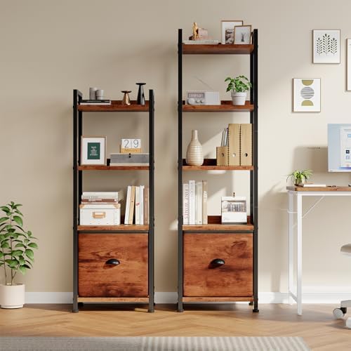 DUMOS 4 Tier Bookshelf with Fabric Drawer, Display Standing Shelf, Brown