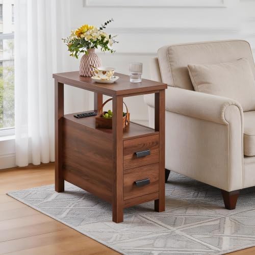 Farmhouse Nightstand with Charging Station, 18'' Wooden Bedside Table...