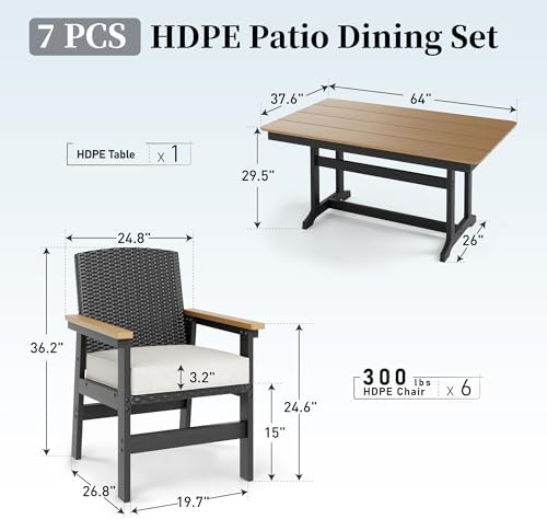 SUNSHINE VALLEY 7pc Patio Dining Set, HDPE 64" Table & 6 Chairs