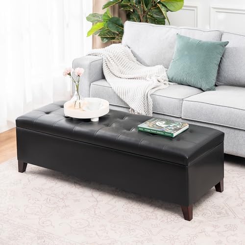 Black Ottoman with Storage Faux Leather Storage Ottoman Bench | 51 Inch Uphol...