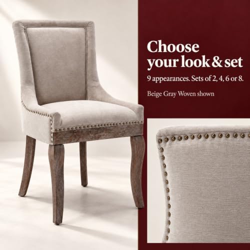 Upholstered Dining Chairs Set of 6, Beige Fabric Kitchen Chair with Nailhead ...