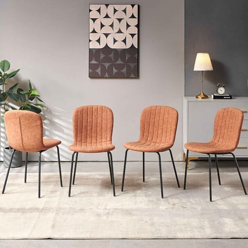 Dining Chair Set of 4, Upholstered PU Leather Seat with Black Metal Legs,Mode...