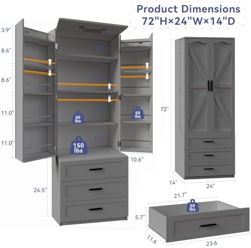 FJTJBSI 72" LED Kitchen Pantry Cabinet with 3 Drawers Farmhouse Tall Sto...