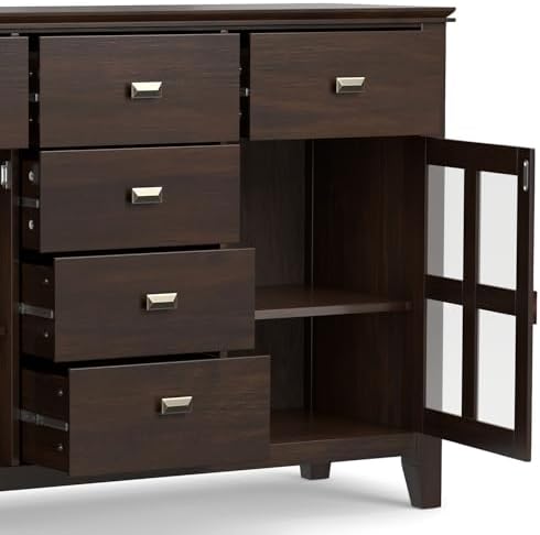 SIMPLIHOME Artisan 54" Wide Solid Wood 3-Door Buffet in Dark Chestnut Brown