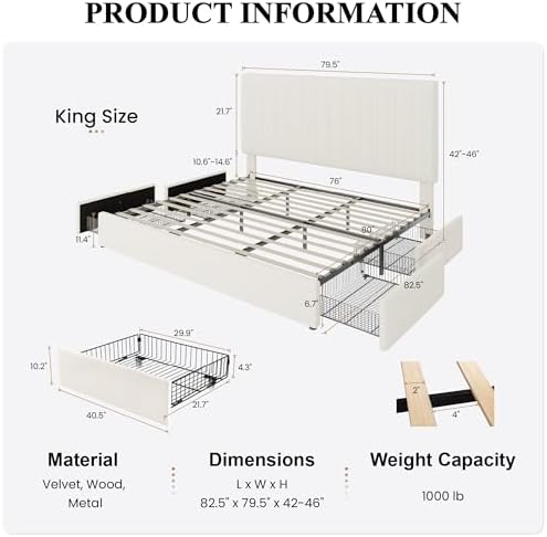 SHA CERLIN King Size Platform Bed Frame with 4 Storage Drawers