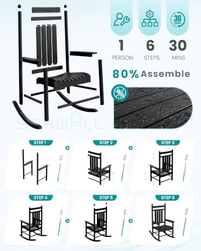 SERWALL Comfortable Outdoor Rocking Chairs Set of 3, Black
