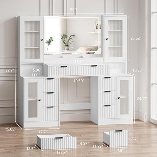 Fluted Makeup Vanity Desk with Mirror and Lights, 55" Glass Top Vanity w...