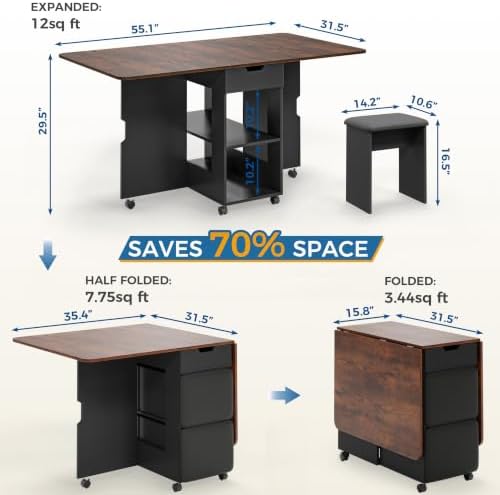 Mondeer 55" Folding Dining Table and Chairs Set 4, Cushioned Stools