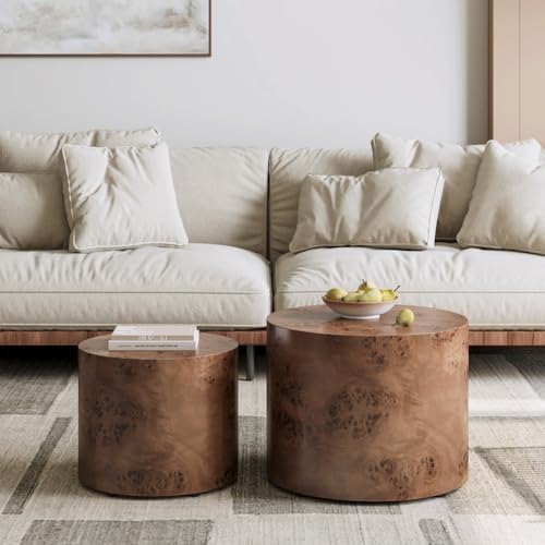 Nesting Coffee Table Set of 2, Modern Round Coffee Table, Wooden Circle Accen...