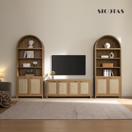 SICOTAS 84.2" Tall Arched Bookcase with Doors - 5 Tier Rattan Bookshelf