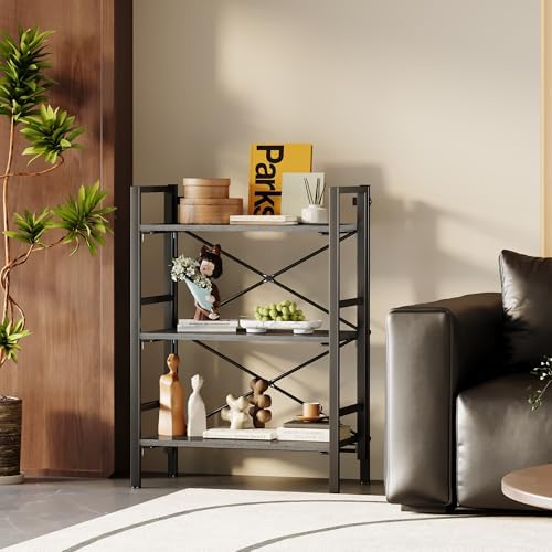 Homeiju Folding Bookshelf No Assembly, 3 Tier Bookcase Foldable Shelf with X-...