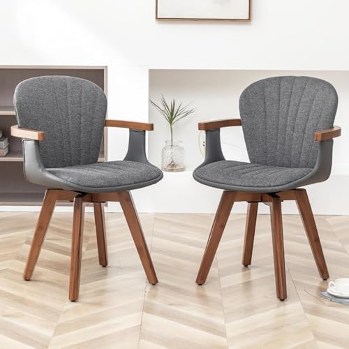 LUNLING Swivel Dining Chairs Set of 2, Mid Century Modern Gray Fabric+Faux Le...