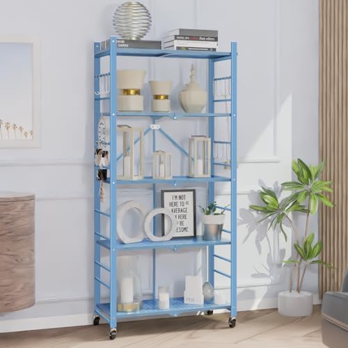 Himix 5-Tier Foldable Storage Shelves with 20 Hooks Wheels Garage Blue