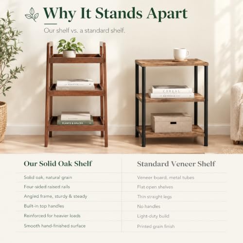 Solid Oak Small Bookshelf, 3 Tier Ladder Shelf Walnut Bookcase