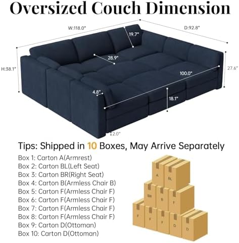 Oversized Cloud Sleeper Couch 9 Seater Modular Sectional Sofa Blue | Modern C...