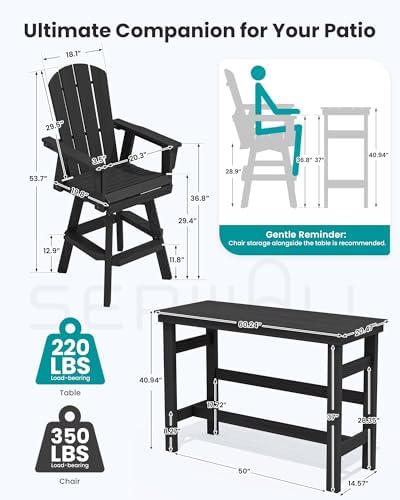 SERWALL 3-Piece Swivel Adirondack Bar Set, HDPE Swivel Bar Height Chairs Set ...